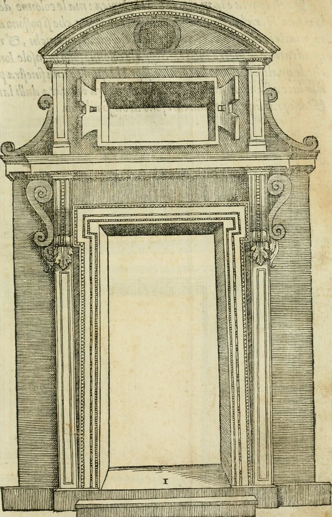 An illustration from Libro estraordinario di Sebastiano Serlio bolognese : nel quale si dimostrano trenta porte di opera rustica, mista con diuersi ordini, & uenti di opera dilicata di diuerse specie : con la scrittura dauanti, che narra il tutto, 1566, leaf 66