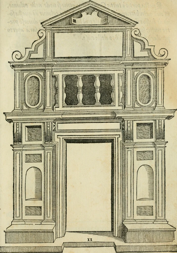 An illustration from Libro estraordinario di Sebastiano Serlio bolognese : nel quale si dimostrano trenta porte di opera rustica, mista con diuersi ordini, & uenti di opera dilicata di diuerse specie : con la scrittura dauanti, che narra il tutto, 1566, leaf 68