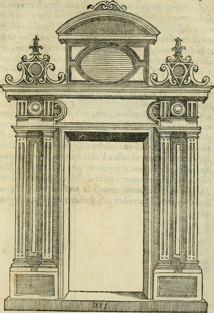 An illustration from Libro estraordinario di Sebastiano Serlio bolognese : nel quale si dimostrano trenta porte di opera rustica, mista con diuersi ordini, & uenti di opera dilicata di diuerse specie : con la scrittura dauanti, che narra il tutto, 1566, leaf 72