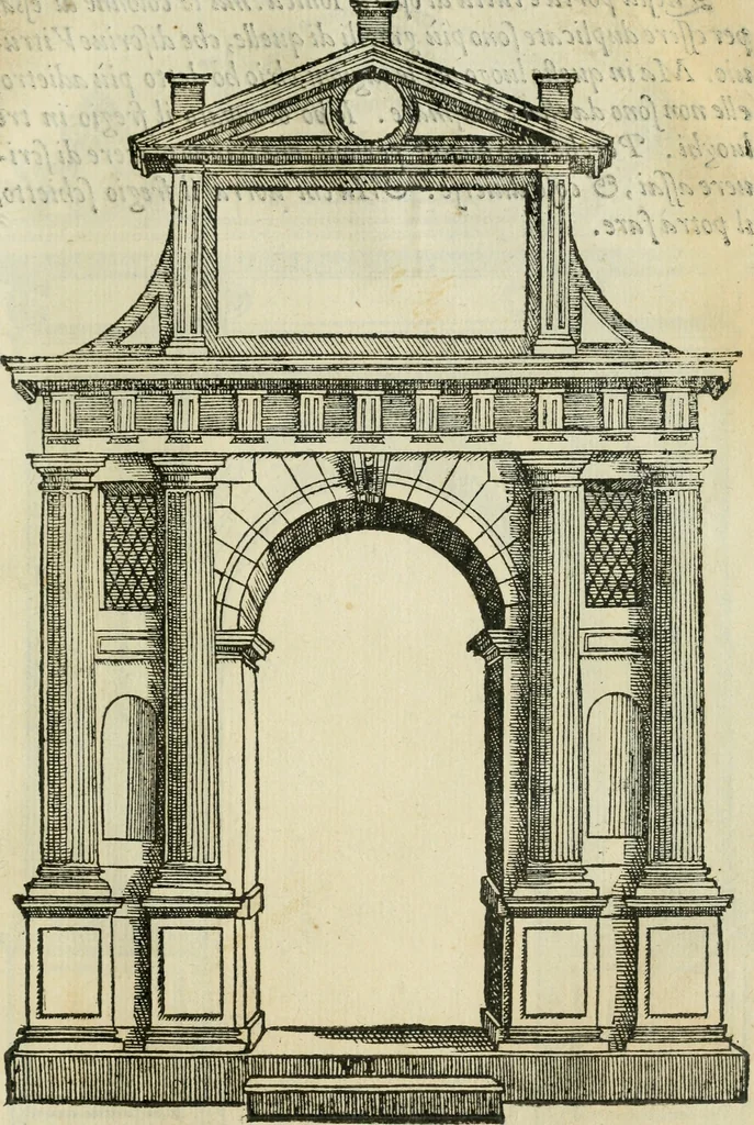 An illustration from Libro estraordinario di Sebastiano Serlio bolognese : nel quale si dimostrano trenta porte di opera rustica, mista con diuersi ordini, & uenti di opera dilicata di diuerse specie : con la scrittura dauanti, che narra il tutto, 1566, leaf 76