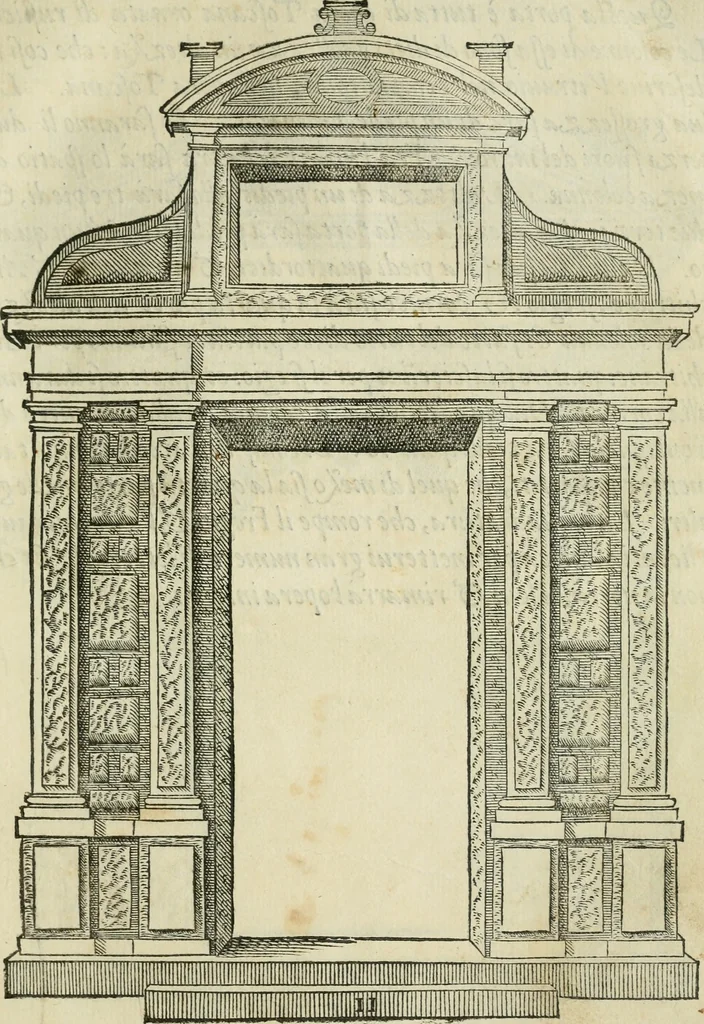 An illustration from Libro estraordinario di Sebastiano Serlio bolognese : nel quale si dimostrano trenta porte di opera rustica, mista con diuersi ordini, & uenti di opera dilicata di diuerse specie : con la scrittura dauanti, che narra il tutto, 1566, leaf 8