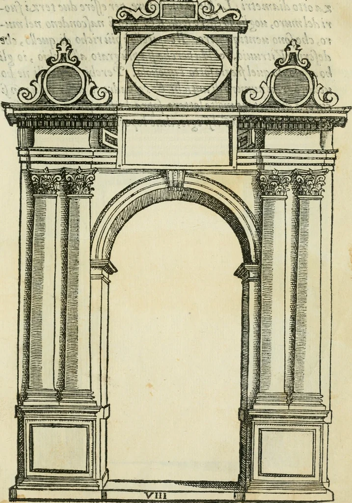 An illustration from Libro estraordinario di Sebastiano Serlio bolognese : nel quale si dimostrano trenta porte di opera rustica, mista con diuersi ordini, & uenti di opera dilicata di diuerse specie : con la scrittura dauanti, che narra il tutto, 1566, leaf 80