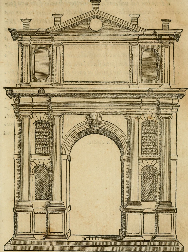 An illustration from Libro estraordinario di Sebastiano Serlio bolognese : nel quale si dimostrano trenta porte di opera rustica, mista con diuersi ordini, & uenti di opera dilicata di diuerse specie : con la scrittura dauanti, che narra il tutto, 1566, leaf 92