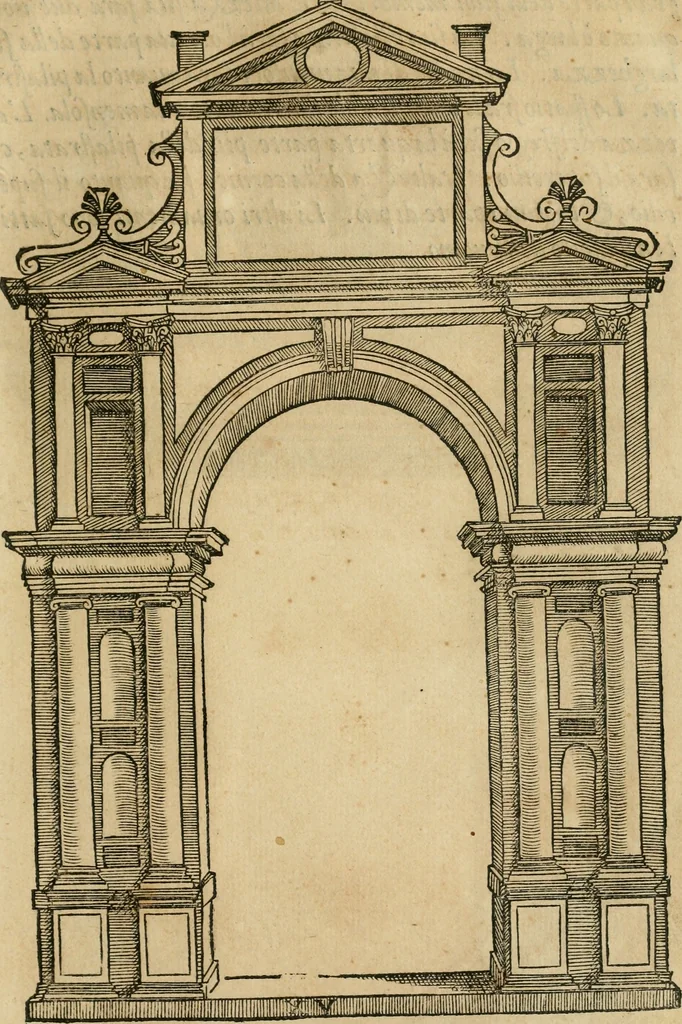 An illustration from Libro estraordinario di Sebastiano Serlio bolognese : nel quale si dimostrano trenta porte di opera rustica, mista con diuersi ordini, & uenti di opera dilicata di diuerse specie : con la scrittura dauanti, che narra il tutto, 1566, leaf 94