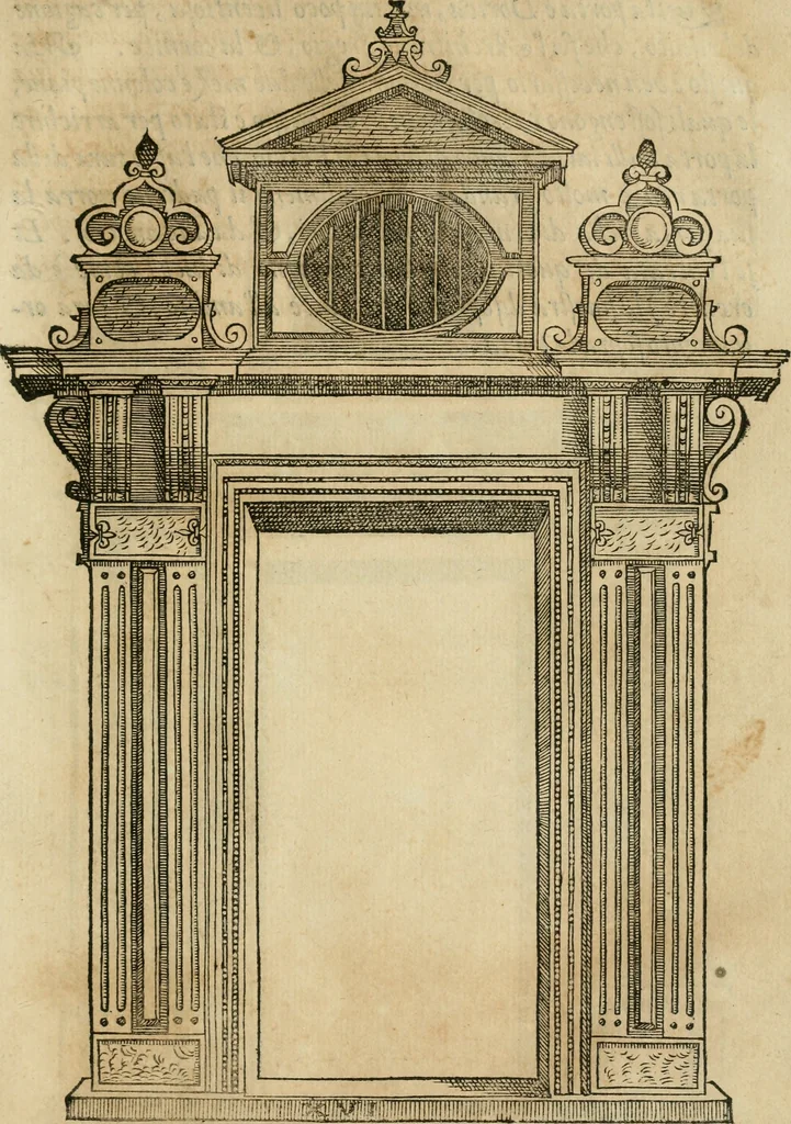 An illustration from Libro estraordinario di Sebastiano Serlio bolognese : nel quale si dimostrano trenta porte di opera rustica, mista con diuersi ordini, & uenti di opera dilicata di diuerse specie : con la scrittura dauanti, che narra il tutto, 1566, leaf 96