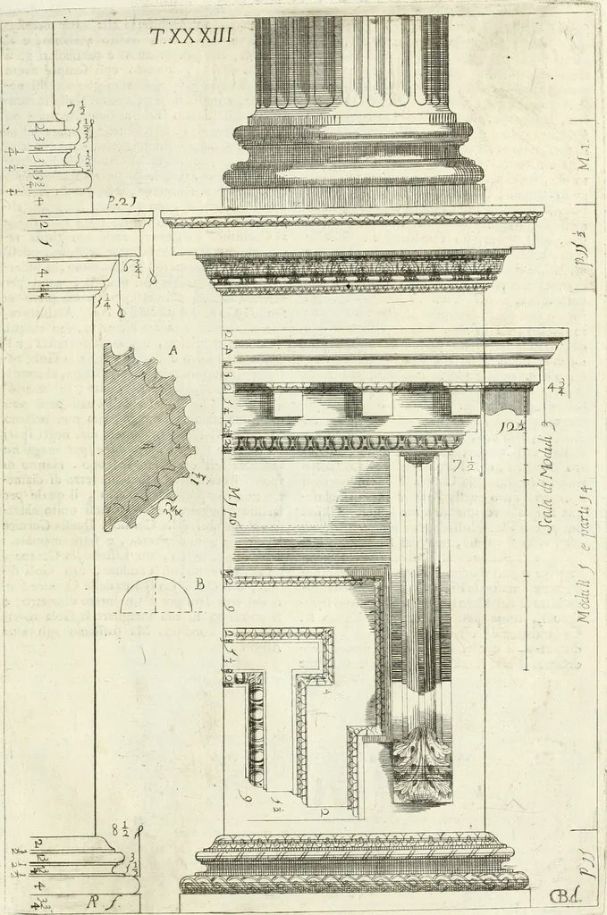 An illustration from Li cinque ordini dell' architettura civile di Michel Sanmicheli : rilevati dalle sue fabriche, e descritti e publicati con quelli di Vitruvio, Alberti, Palladio, Scamozzi, Serlio, e Vignola, 1735, leaf 108
