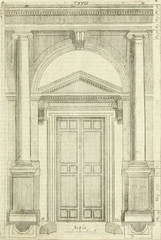 An illustration from Li cinque ordini dell' architettura civile di Michel Sanmicheli : rilevati dalle sue fabriche, e descritti e publicati con quelli di Vitruvio, Alberti, Palladio, Scamozzi, Serlio, e Vignola, 1735, leaf 78