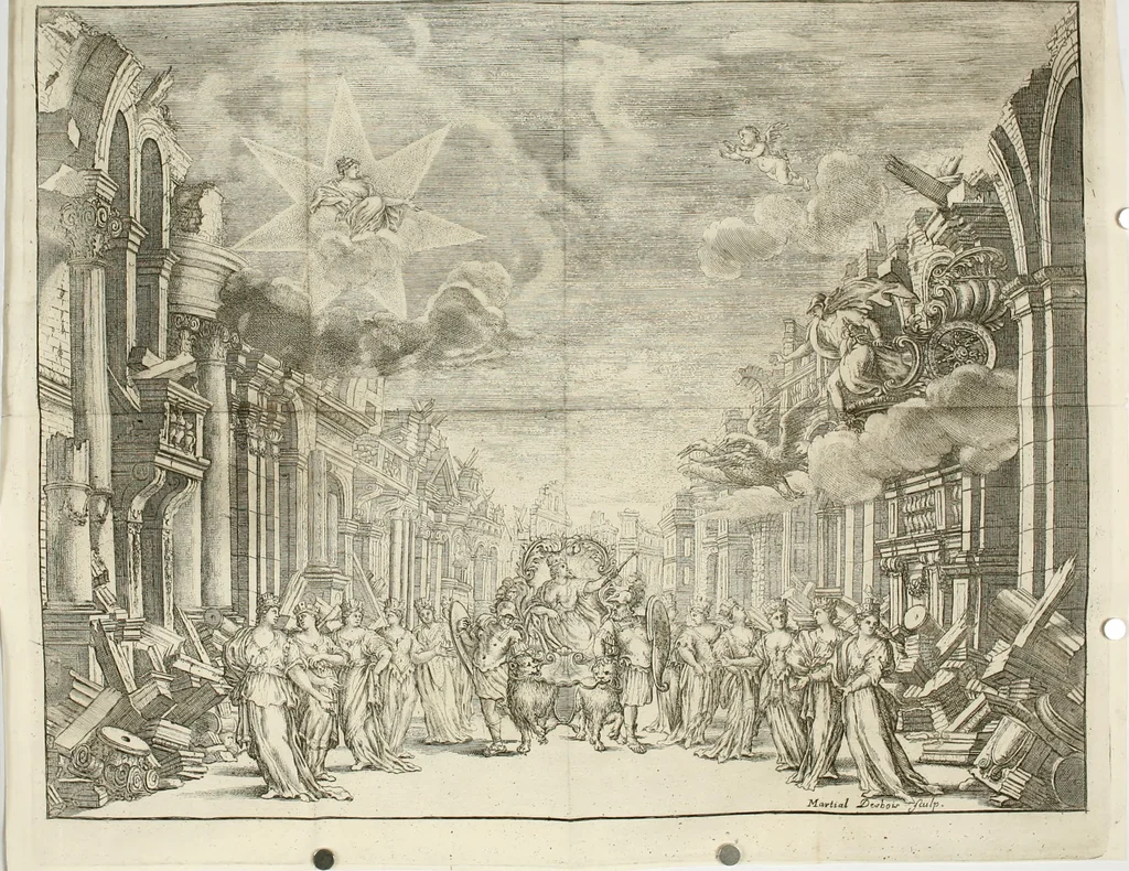 An illustration from L'idea di tutte le perfezioni : introduzione al balletto de' serenissimi principi Francesco & Antonio Farnesi : fatto rappresentare dal sereniss. sig. duca di Parma nel suo nuouo Teatrino, in occasione de' felicissimi sponsali del serenissimo sig. principe Odoardo, suo primogenito, con la serenissima signora principessa Dorotea Sofia di Neoburgo, 1690, leaf 11