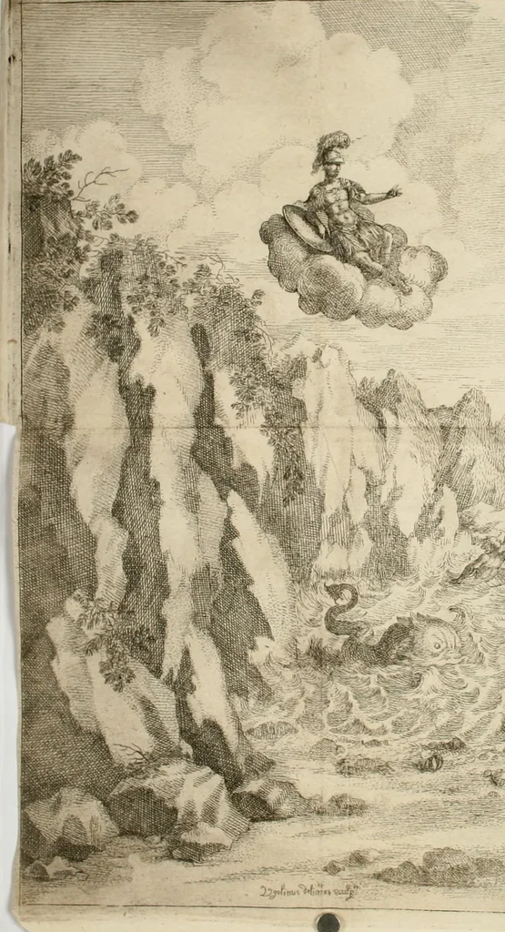 An illustration from L'idea di tutte le perfezioni : introduzione al balletto de' serenissimi principi Francesco & Antonio Farnesi : fatto rappresentare dal sereniss. sig. duca di Parma nel suo nuouo Teatrino, in occasione de' felicissimi sponsali del serenissimo sig. principe Odoardo, suo primogenito, con la serenissima signora principessa Dorotea Sofia di Neoburgo, 1690, leaf 31