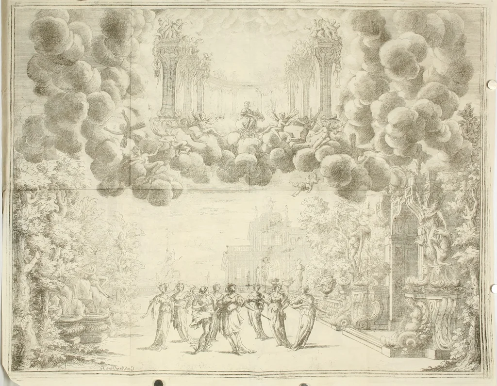 An illustration from L'idea di tutte le perfezioni : introduzione al balletto de' serenissimi principi Francesco & Antonio Farnesi : fatto rappresentare dal sereniss. sig. duca di Parma nel suo nuouo Teatrino, in occasione de' felicissimi sponsali del serenissimo sig. principe Odoardo, suo primogenito, con la serenissima signora principessa Dorotea Sofia di Neoburgo, 1690, leaf 37