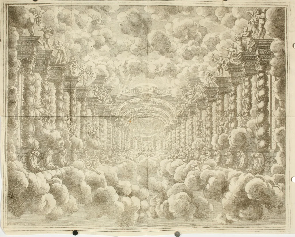 An illustration from L'idea di tutte le perfezioni : introduzione al balletto de' serenissimi principi Francesco & Antonio Farnesi : fatto rappresentare dal sereniss. sig. duca di Parma nel suo nuouo Teatrino, in occasione de' felicissimi sponsali del serenissimo sig. principe Odoardo, suo primogenito, con la serenissima signora principessa Dorotea Sofia di Neoburgo, 1690, leaf 45