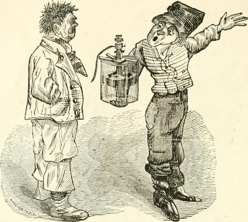 An illustration from Lightning flashes and electric dashes, a volume of choice telegraphic literature, humor, fun, wit & wisdom, 1877, leaf 163