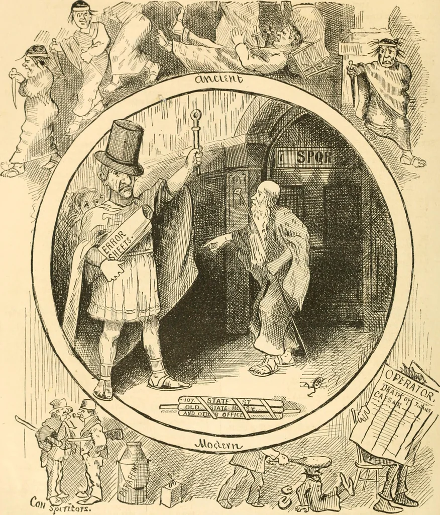 An illustration from Lightning flashes and electric dashes, a volume of choice telegraphic literature, humor, fun, wit & wisdom, 1877, leaf 165