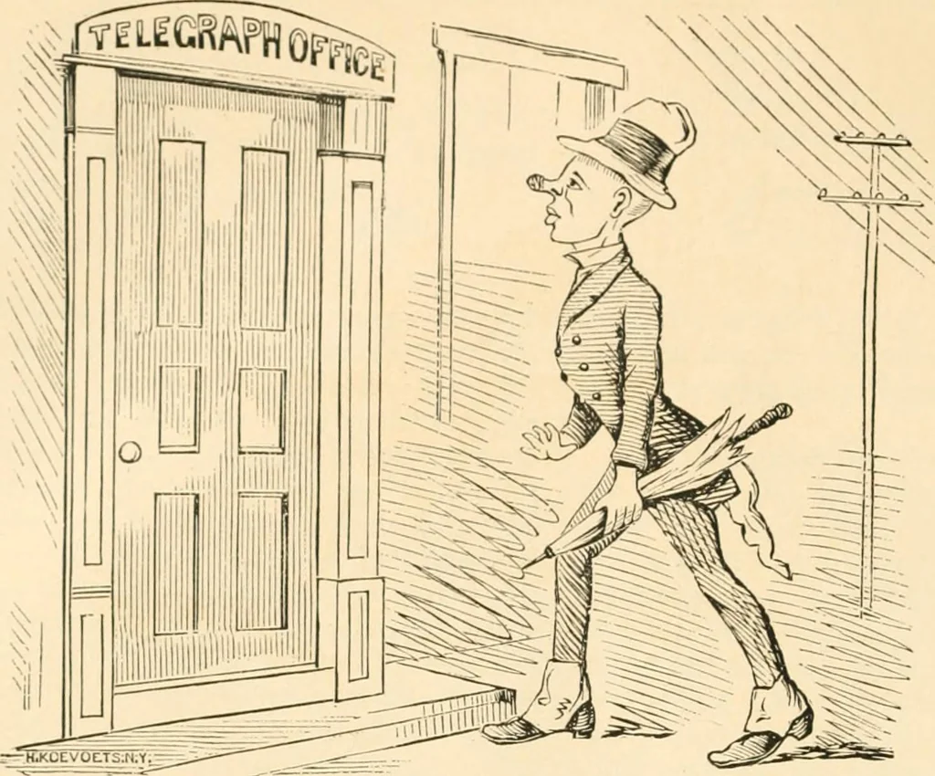 An illustration from Lightning flashes and electric dashes, a volume of choice telegraphic literature, humor, fun, wit & wisdom, 1877, leaf 37