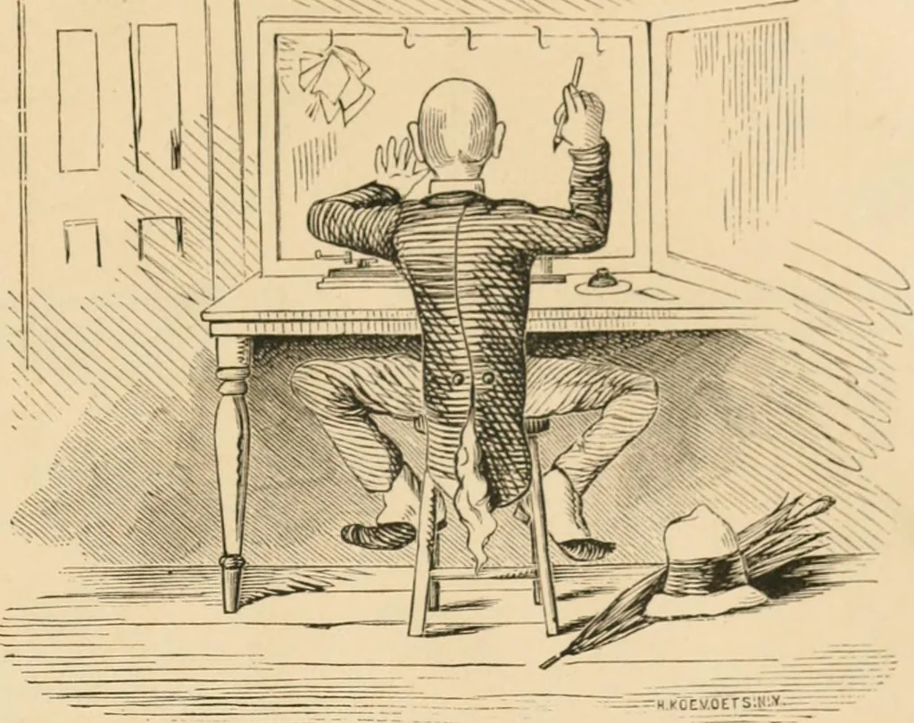 An illustration from Lightning flashes and electric dashes, a volume of choice telegraphic literature, humor, fun, wit & wisdom, 1877, leaf 38