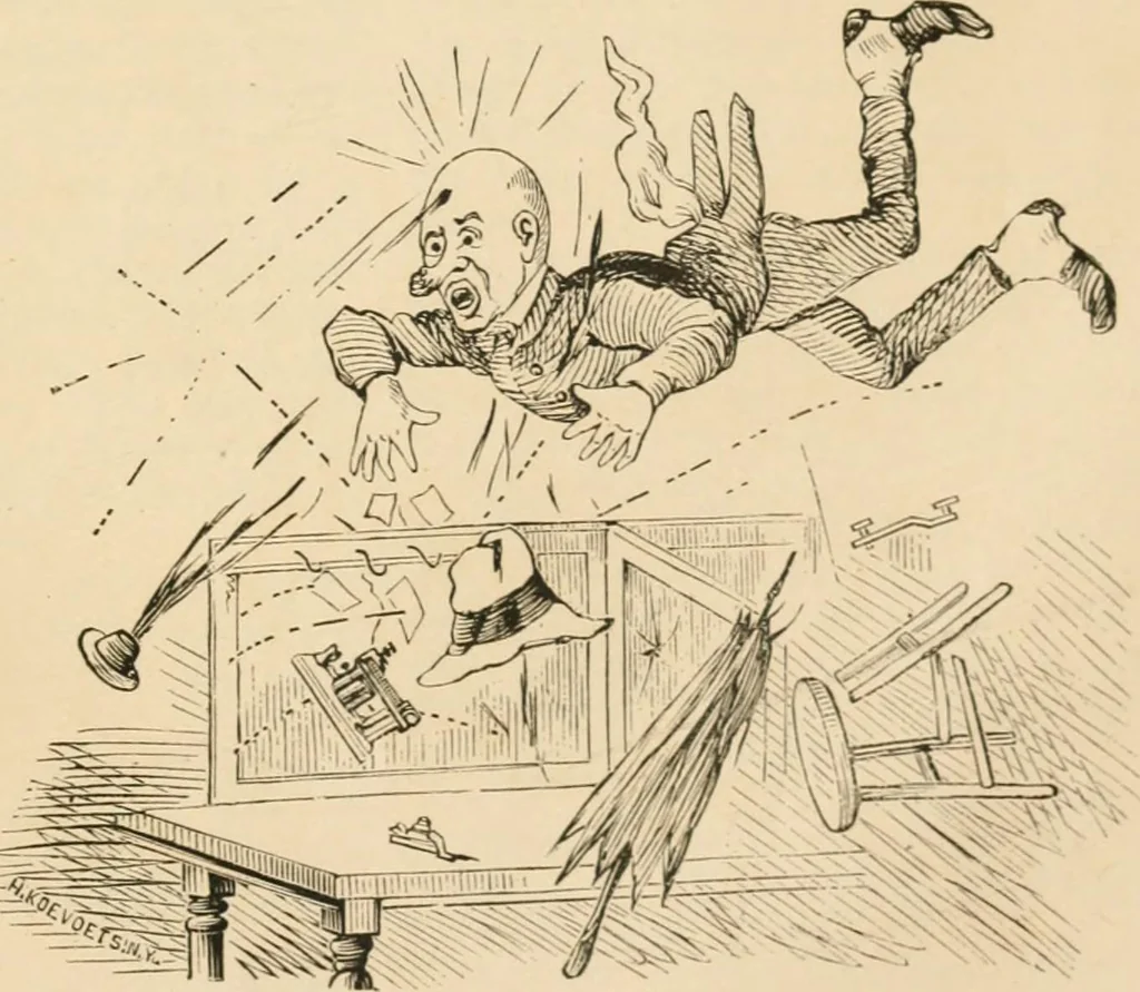 An illustration from Lightning flashes and electric dashes, a volume of choice telegraphic literature, humor, fun, wit & wisdom, 1877, leaf 38