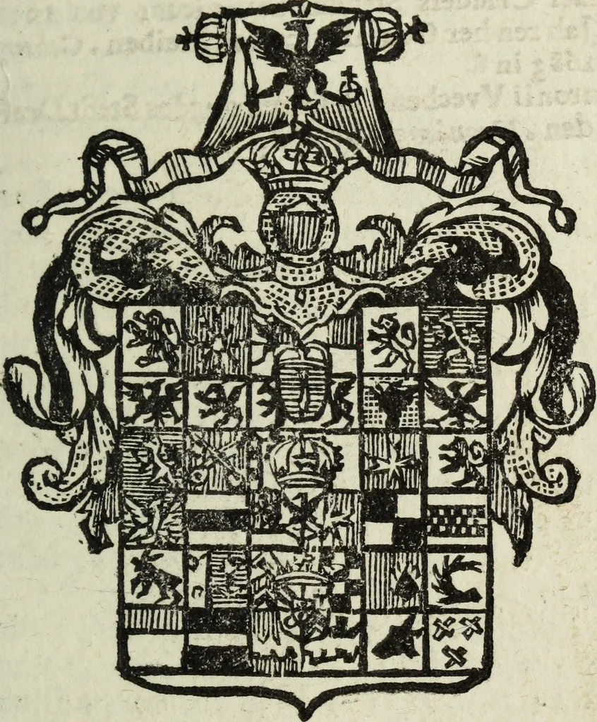 An illustration from Li sovrani del mondo : Opera, che dà notitia della genealogia delle loro famiglie, dell'ampiezza, e governo de' loro stati ... con un catalogo degli autori, che meglio ne hanno scritto, 1720, leaf 122