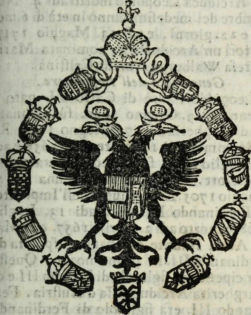 An illustration from Li sovrani del mondo : Opera, che dà notitia della genealogia delle loro famiglie, dell'ampiezza, e governo de' loro stati ... con un catalogo degli autori, che meglio ne hanno scritto, 1720, leaf 18