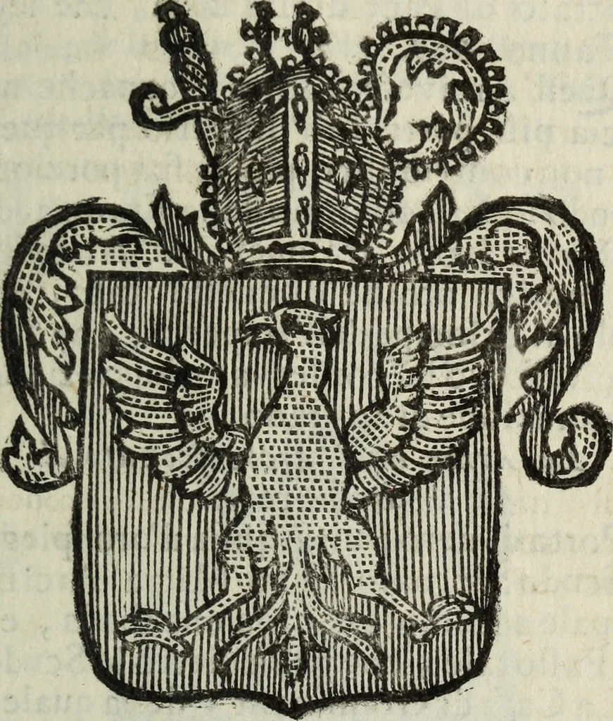 An illustration from Li sovrani del mondo : Opera, che dà notitia della genealogia delle loro famiglie, dell'ampiezza, e governo de' loro stati ... con un catalogo degli autori, che meglio ne hanno scritto, 1720, leaf 184