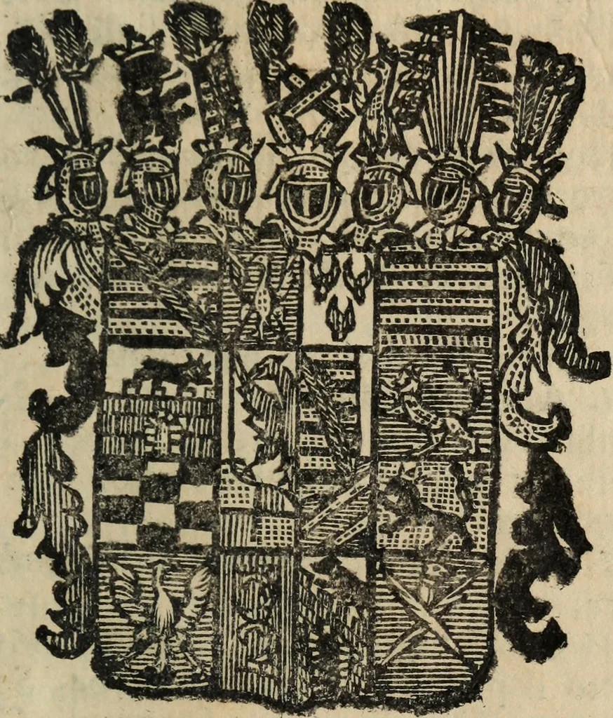 An illustration from Li sovrani del mondo : Opera, che dà notitia della genealogia delle loro famiglie, dell'ampiezza, e governo de' loro stati ... con un catalogo degli autori, che meglio ne hanno scritto, 1720, leaf 454