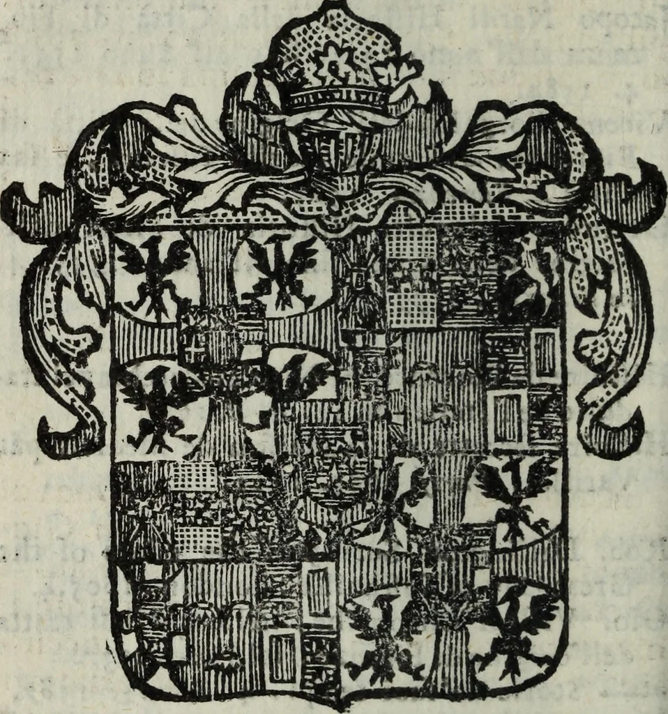 An illustration from Li sovrani del mondo : Opera, che dà notitia della genealogia delle loro famiglie, dell'ampiezza, e governo de' loro stati ... con un catalogo degli autori, che meglio ne hanno scritto, 1720, leaf 107