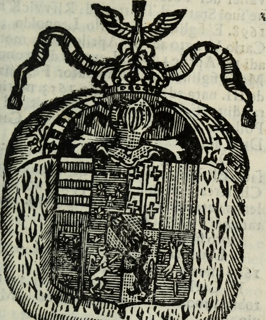 An illustration from Li sovrani del mondo : Opera, che dà notitia della genealogia delle loro famiglie, dell'ampiezza, e governo de' loro stati ... con un catalogo degli autori, che meglio ne hanno scritto, 1720, leaf 320