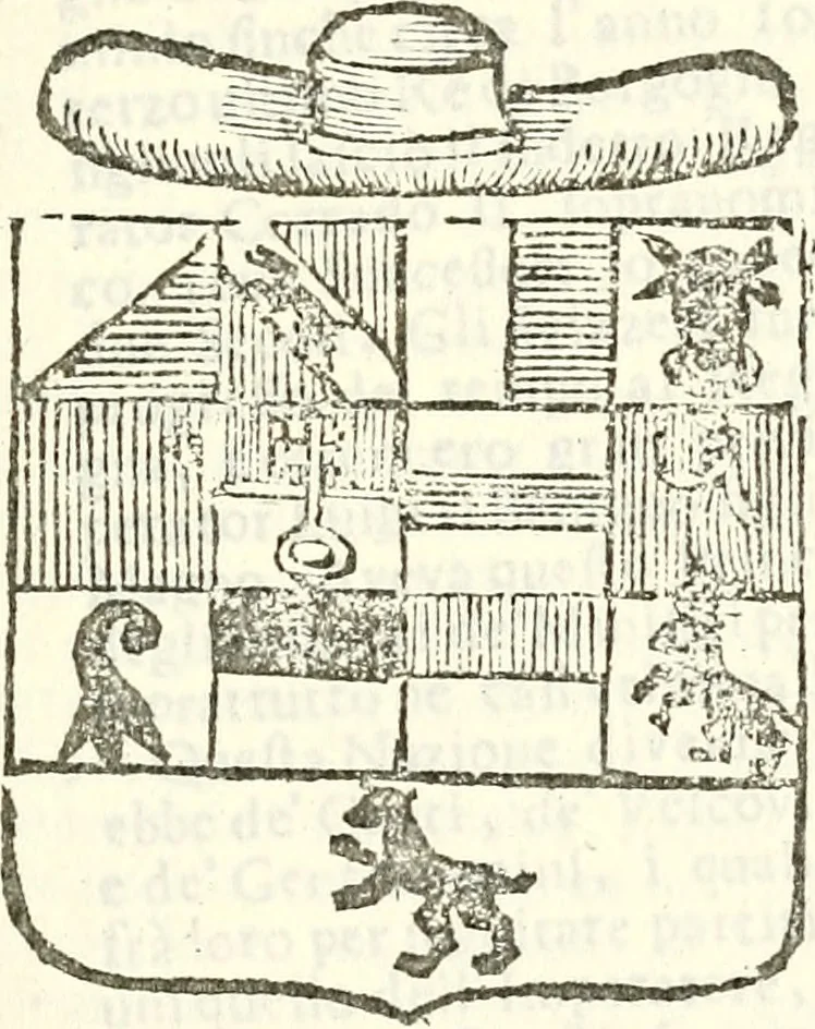 An illustration from Li Sovrani del mondo, opera, che dà notitia della genealogia delle loro famigilie; dell'ampiezza, e governo de'loro Stati, della loro religione, entrate, forze, titoli, pretenfioni, arme con l'origine floria de'pezzi, e quarti, che le compongono, e del luogo della loro residenza; con un catalogo degli autori, che meglio ne banno feritto; il tutto fino al tempo prefente, 1729, leaf 12