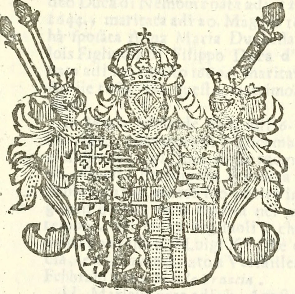 An illustration from Li Sovrani del mondo, opera, che dà notitia della genealogia delle loro famigilie; dell'ampiezza, e governo de'loro Stati, della loro religione, entrate, forze, titoli, pretenfioni, arme con l'origine floria de'pezzi, e quarti, che le compongono, e del luogo della loro residenza; con un catalogo degli autori, che meglio ne banno feritto; il tutto fino al tempo prefente, 1729, leaf 136