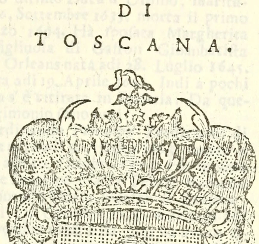 An illustration from Li Sovrani del mondo, opera, che dà notitia della genealogia delle loro famigilie; dell'ampiezza, e governo de'loro Stati, della loro religione, entrate, forze, titoli, pretenfioni, arme con l'origine floria de'pezzi, e quarti, che le compongono, e del luogo della loro residenza; con un catalogo degli autori, che meglio ne banno feritto; il tutto fino al tempo prefente, 1729, leaf 182