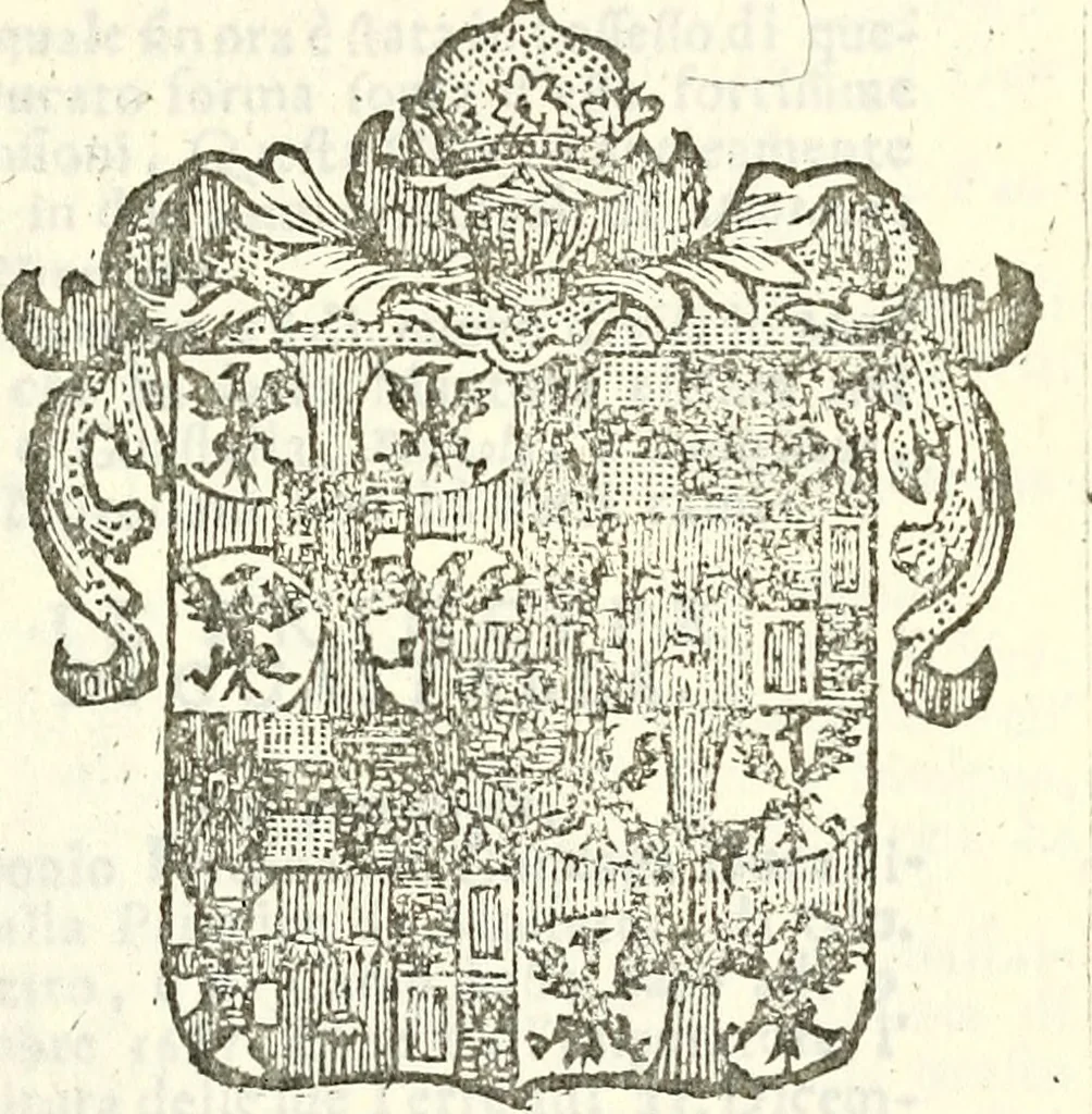 An illustration from Li Sovrani del mondo, opera, che dà notitia della genealogia delle loro famigilie; dell'ampiezza, e governo de'loro Stati, della loro religione, entrate, forze, titoli, pretenfioni, arme con l'origine floria de'pezzi, e quarti, che le compongono, e del luogo della loro residenza; con un catalogo degli autori, che meglio ne banno feritto; il tutto fino al tempo prefente, 1729, leaf 210
