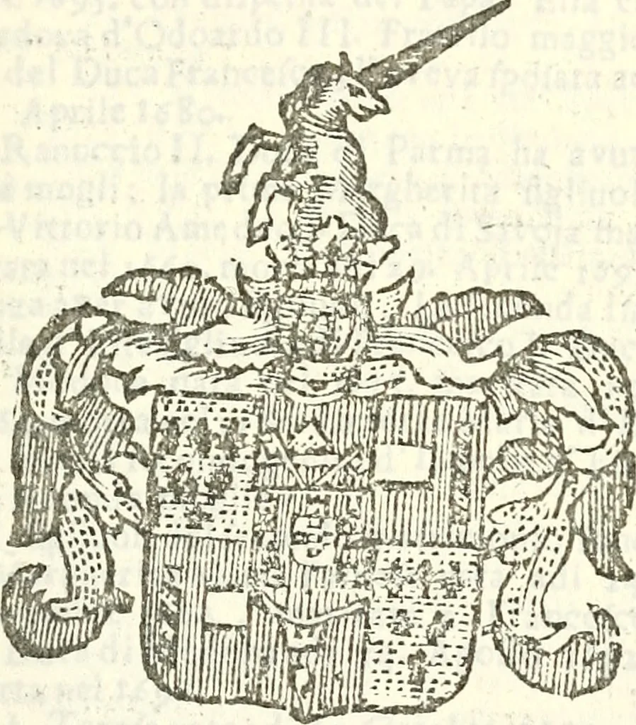 An illustration from Li Sovrani del mondo, opera, che dà notitia della genealogia delle loro famigilie; dell'ampiezza, e governo de'loro Stati, della loro religione, entrate, forze, titoli, pretenfioni, arme con l'origine floria de'pezzi, e quarti, che le compongono, e del luogo della loro residenza; con un catalogo degli autori, che meglio ne banno feritto; il tutto fino al tempo prefente, 1729, leaf 242