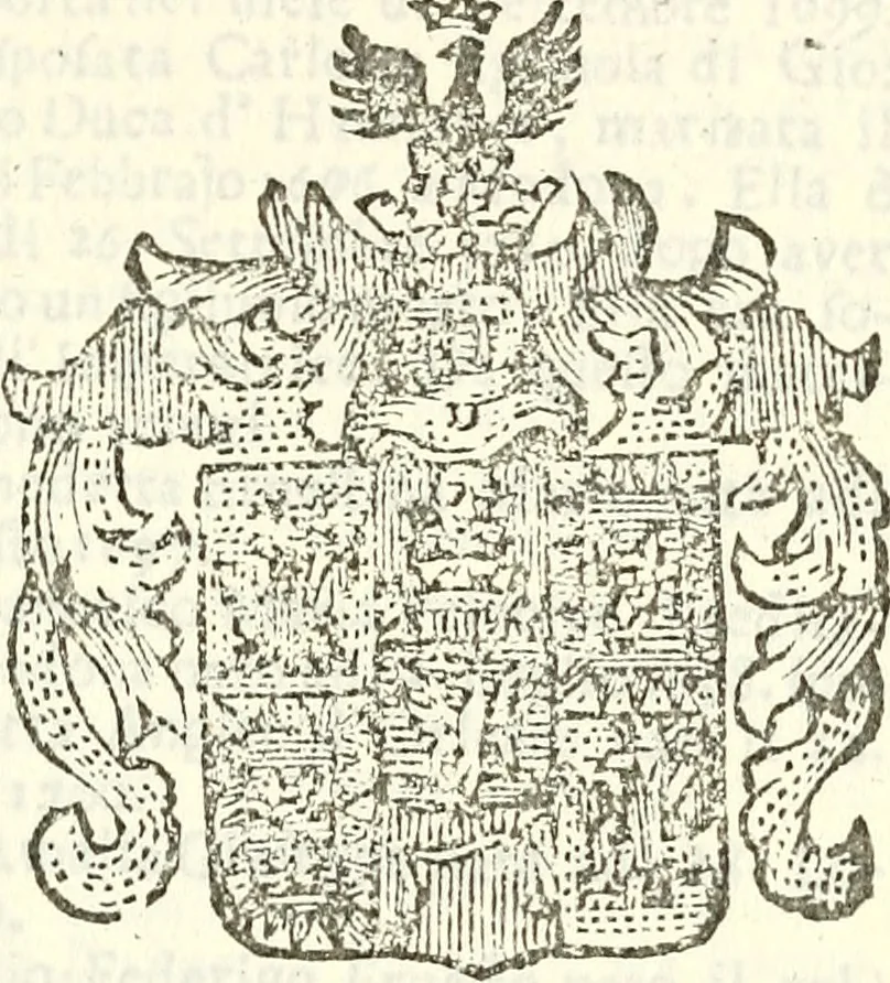 An illustration from Li Sovrani del mondo, opera, che dà notitia della genealogia delle loro famigilie; dell'ampiezza, e governo de'loro Stati, della loro religione, entrate, forze, titoli, pretenfioni, arme con l'origine floria de'pezzi, e quarti, che le compongono, e del luogo della loro residenza; con un catalogo degli autori, che meglio ne banno feritto; il tutto fino al tempo prefente, 1729, leaf 258
