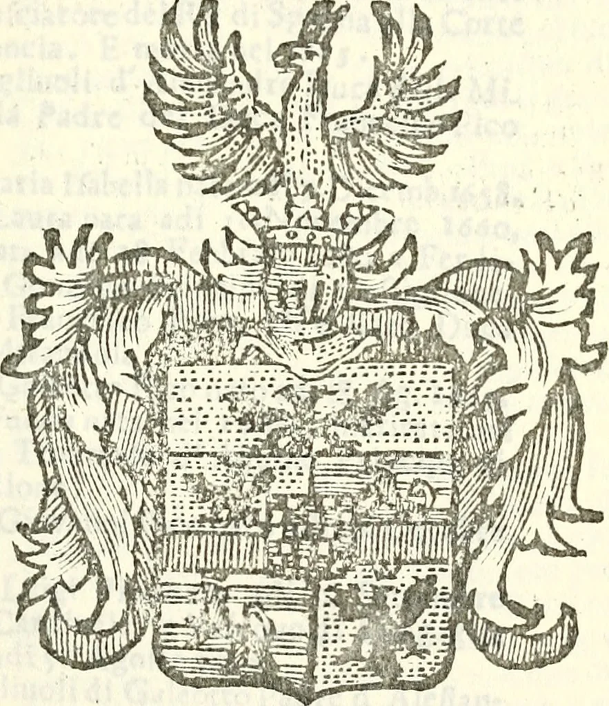 An illustration from Li Sovrani del mondo, opera, che dà notitia della genealogia delle loro famigilie; dell'ampiezza, e governo de'loro Stati, della loro religione, entrate, forze, titoli, pretenfioni, arme con l'origine floria de'pezzi, e quarti, che le compongono, e del luogo della loro residenza; con un catalogo degli autori, che meglio ne banno feritto; il tutto fino al tempo prefente, 1729, leaf 286