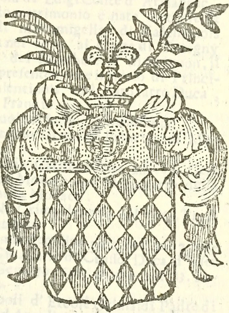 An illustration from Li Sovrani del mondo, opera, che dà notitia della genealogia delle loro famigilie; dell'ampiezza, e governo de'loro Stati, della loro religione, entrate, forze, titoli, pretenfioni, arme con l'origine floria de'pezzi, e quarti, che le compongono, e del luogo della loro residenza; con un catalogo degli autori, che meglio ne banno feritto; il tutto fino al tempo prefente, 1729, leaf 298