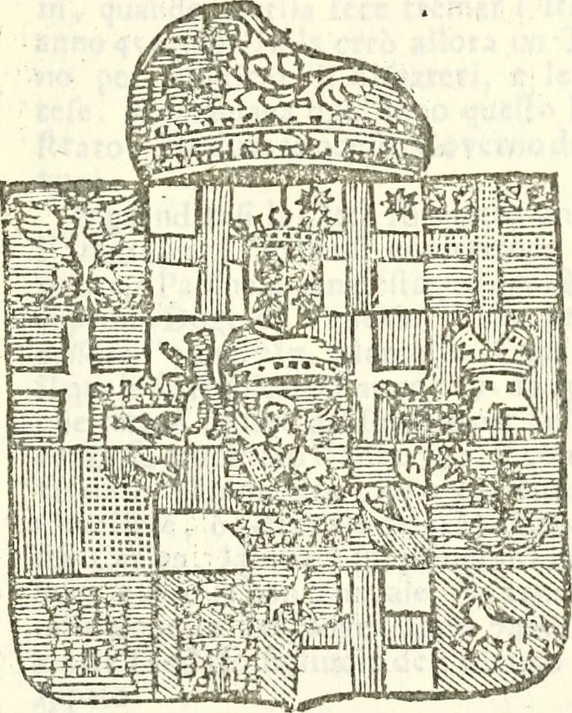 An illustration from Li Sovrani del mondo, opera, che dà notitia della genealogia delle loro famigilie; dell'ampiezza, e governo de'loro Stati, della loro religione, entrate, forze, titoli, pretenfioni, arme con l'origine floria de'pezzi, e quarti, che le compongono, e del luogo della loro residenza; con un catalogo degli autori, che meglio ne banno feritto; il tutto fino al tempo prefente, 1729, leaf 336