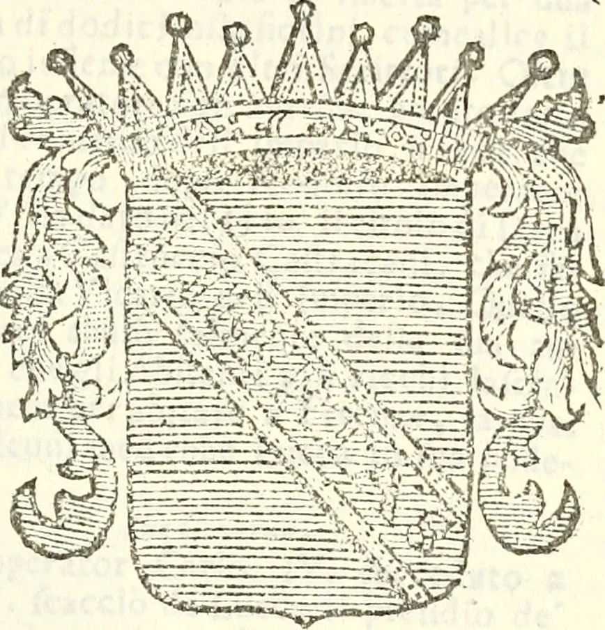 An illustration from Li Sovrani del mondo, opera, che dà notitia della genealogia delle loro famigilie; dell'ampiezza, e governo de'loro Stati, della loro religione, entrate, forze, titoli, pretenfioni, arme con l'origine floria de'pezzi, e quarti, che le compongono, e del luogo della loro residenza; con un catalogo degli autori, che meglio ne banno feritto; il tutto fino al tempo prefente, 1729, leaf 414