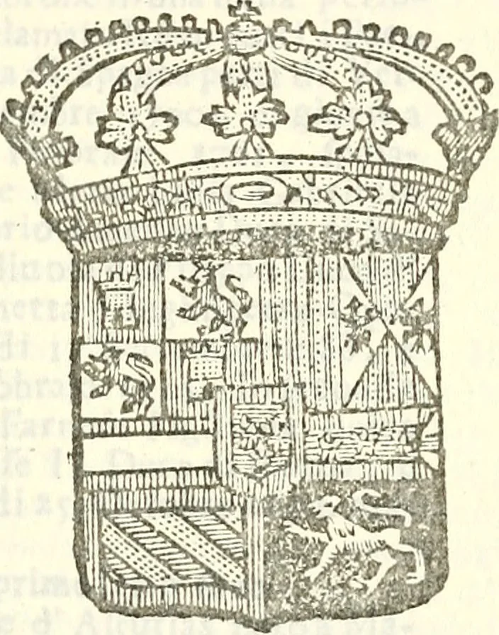 An illustration from Li Sovrani del mondo, opera, che dà notitia della genealogia delle loro famigilie; dell'ampiezza, e governo de'loro Stati, della loro religione, entrate, forze, titoli, pretenfioni, arme con l'origine floria de'pezzi, e quarti, che le compongono, e del luogo della loro residenza; con un catalogo degli autori, che meglio ne banno feritto; il tutto fino al tempo prefente, 1729, leaf 478