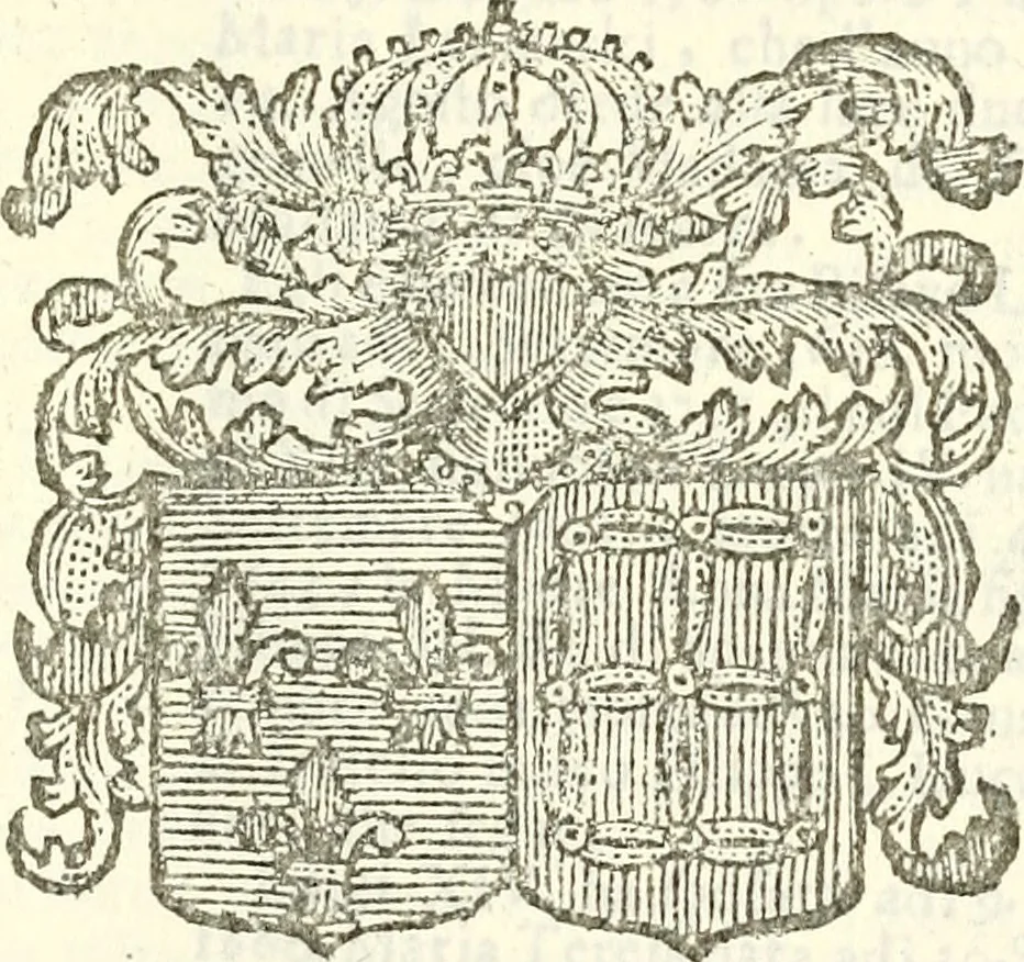 An illustration from Li Sovrani del mondo, opera, che dà notitia della genealogia delle loro famigilie; dell'ampiezza, e governo de'loro Stati, della loro religione, entrate, forze, titoli, pretenfioni, arme con l'origine floria de'pezzi, e quarti, che le compongono, e del luogo della loro residenza; con un catalogo degli autori, che meglio ne banno feritto; il tutto fino al tempo prefente, 1729, leaf 528