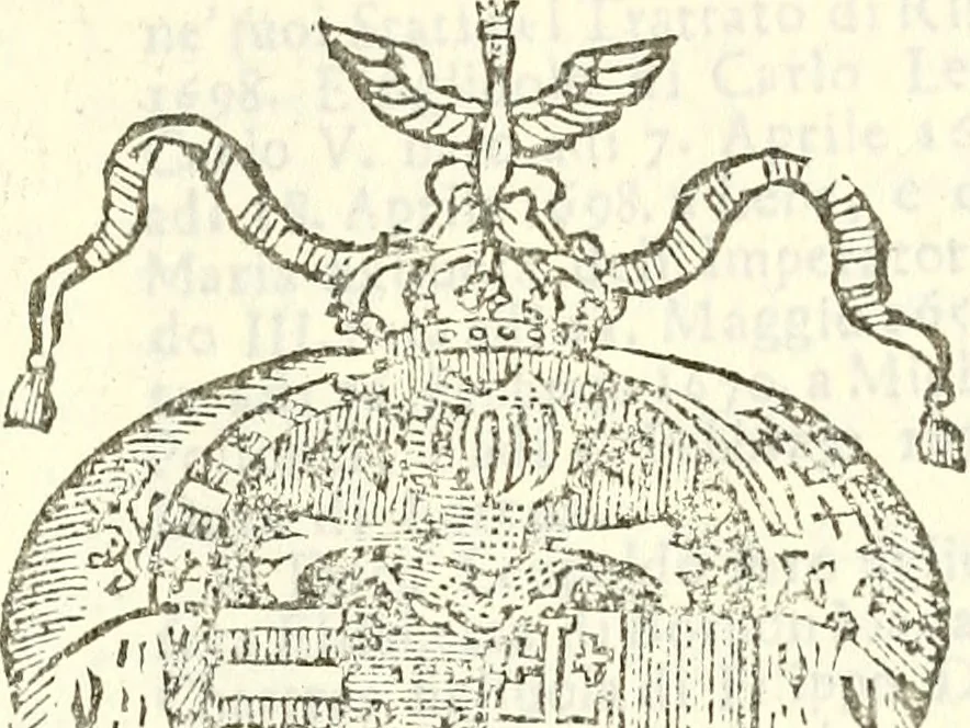 An illustration from Li Sovrani del mondo, opera, che dà notitia della genealogia delle loro famigilie; dell'ampiezza, e governo de'loro Stati, della loro religione, entrate, forze, titoli, pretenfioni, arme con l'origine floria de'pezzi, e quarti, che le compongono, e del luogo della loro residenza; con un catalogo degli autori, che meglio ne banno feritto; il tutto fino al tempo prefente, 1729, leaf 636