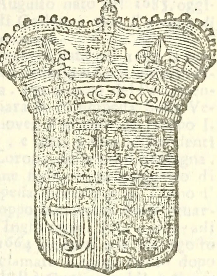 An illustration from Li Sovrani del mondo, opera, che dà notitia della genealogia delle loro famigilie; dell'ampiezza, e governo de'loro Stati, della loro religione, entrate, forze, titoli, pretenfioni, arme con l'origine floria de'pezzi, e quarti, che le compongono, e del luogo della loro residenza; con un catalogo degli autori, che meglio ne banno feritto; il tutto fino al tempo prefente, 1729, leaf 686