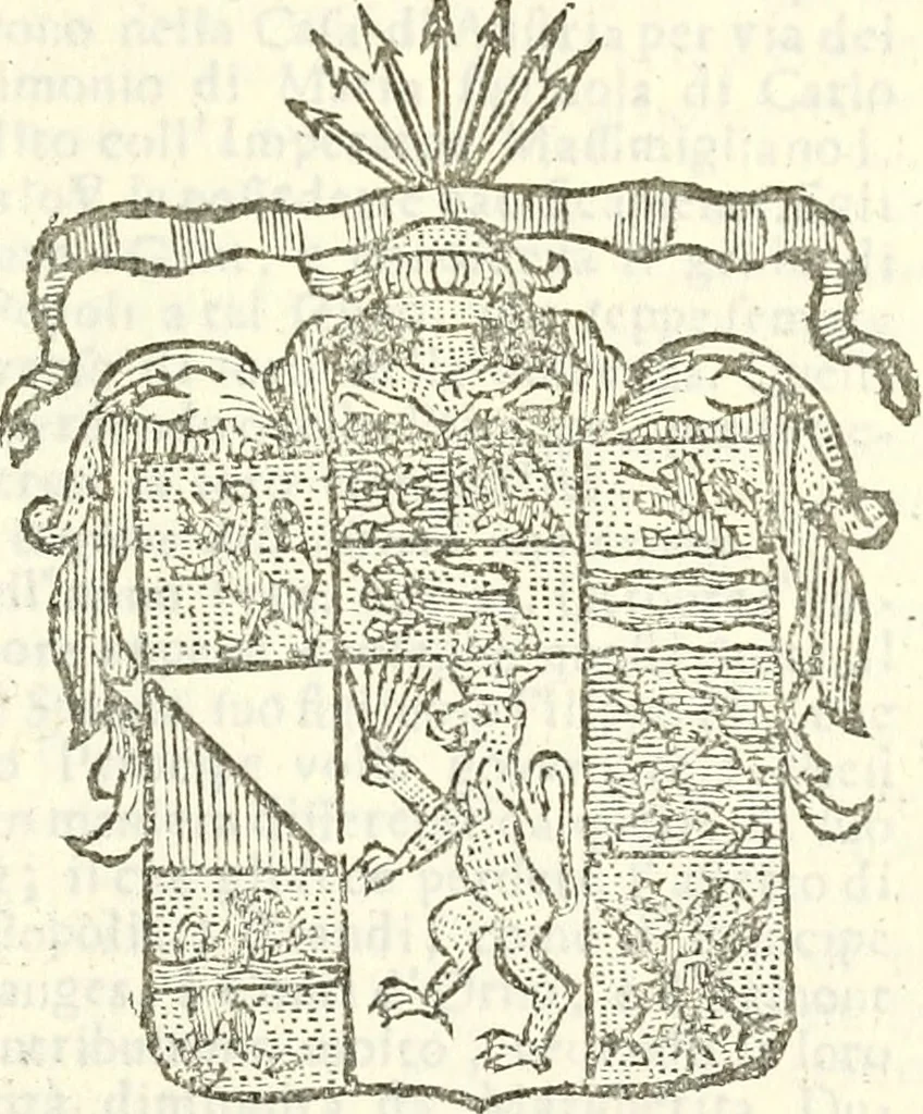An illustration from Li Sovrani del mondo, opera, che dà notitia della genealogia delle loro famigilie; dell'ampiezza, e governo de'loro Stati, della loro religione, entrate, forze, titoli, pretenfioni, arme con l'origine floria de'pezzi, e quarti, che le compongono, e del luogo della loro residenza; con un catalogo degli autori, che meglio ne banno feritto; il tutto fino al tempo prefente, 1729, leaf 734