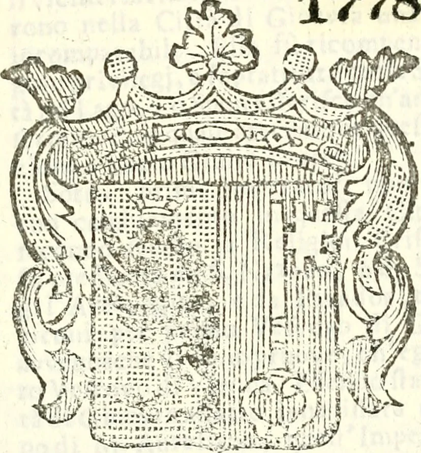 An illustration from Li Sovrani del mondo, opera, che dà notitia della genealogia delle loro famigilie; dell'ampiezza, e governo de'loro Stati, della loro religione, entrate, forze, titoli, pretenfioni, arme con l'origine floria de'pezzi, e quarti, che le compongono, e del luogo della loro residenza; con un catalogo degli autori, che meglio ne banno feritto; il tutto fino al tempo prefente, 1729, leaf 80