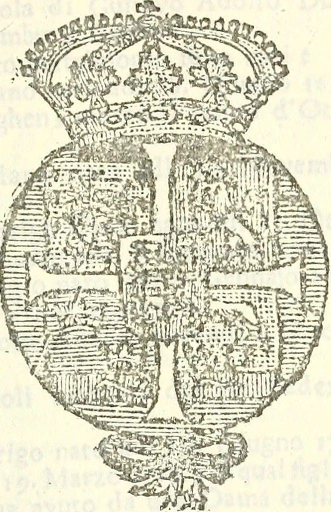 An illustration from Li Sovrani del mondo, opera, che dà notitia della genealogia delle loro famigilie; dell'ampiezza, e governo de'loro Stati, della loro religione, entrate, forze, titoli, pretenfioni, arme con l'origine floria de'pezzi, e quarti, che le compongono, e del luogo della loro residenza; con un catalogo degli autori, che meglio ne banno feritto; il tutto fino al tempo prefente, 1729, leaf 802