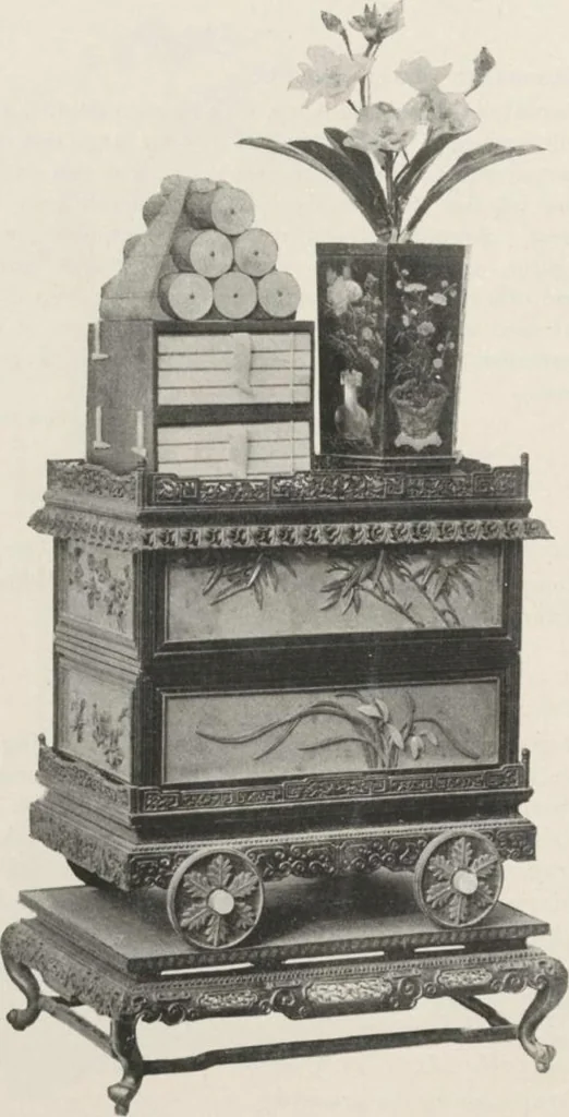 An illustration from Illustrated catalogue of the furniture and embellishments from the Imperial Palace, Pekin, exquisitely wrought gold ornaments from the ceremonial crowns of the former Emperor and Empress of China and numerous other objects of antiquity and distinctive artistic excellence, recently acquired by the firm of Messrs. Yamanaka & Company, New York, Japan, China [electronic resource] : to be sold at unrestricted public sale on the afternoons herein stated, 1917, leaf 56