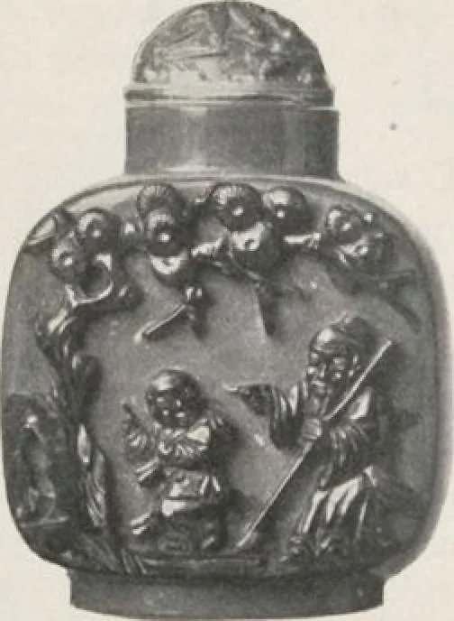 An illustration from Illustrated catalogue of the important collection of antique Chinese porcelains, Sung and Ming potteries, ancient stone sculptures, carved jades and other hard stones, snuff bottles, Mandarin necklaces, bronzes, enamels, palace furniture and wall panels and a number of rare and fine ancient Chinese paintings of the Sung and Ming periods [electronic resource] : all of which are to be sold at unrestricted public sale by direction of the Chinese expert, Lee Van Ching of Shanghai on the afternoons herein stated, 1917, leaf 13