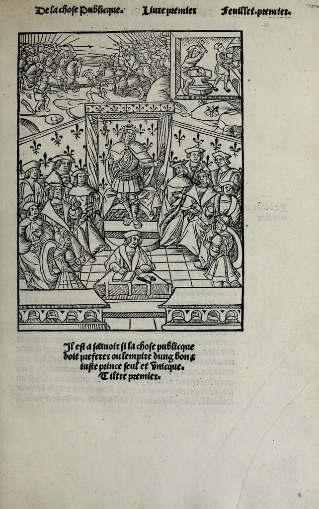 An illustration from Liure tres fructueux et vtille a toutes personnes de linstitution et administration de la chose publicque : traictãt des vtilitez, ars, et sentẽces necessaires en icelles et de leurs inuenteurs : aorne de plusieurs belles sciences et doctrines, tant de la saincte escripture, philozophie, humanite, poeterie, medecine et aultres singularitez, 1520, leaf 21
