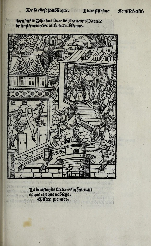 An illustration from Liure tres fructueux et vtille a toutes personnes de linstitution et administration de la chose publicque : traictãt des vtilitez, ars, et sentẽces necessaires en icelles et de leurs inuenteurs : aorne de plusieurs belles sciences et doctrines, tant de la saincte escripture, philozophie, humanite, poeterie, medecine et aultres singularitez, 1520, leaf 239