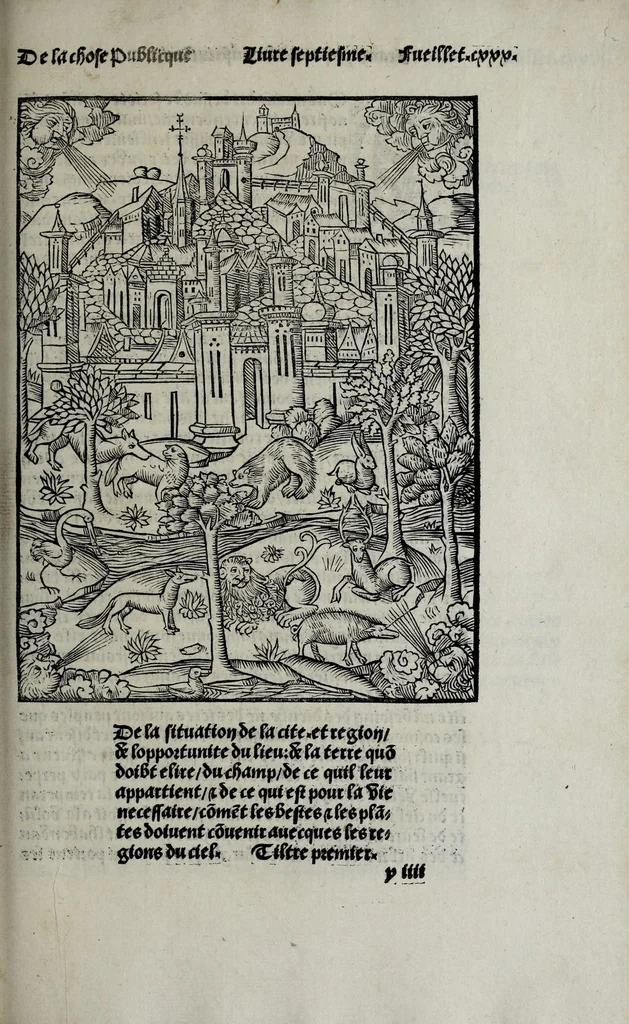An illustration from Liure tres fructueux et vtille a toutes personnes de linstitution et administration de la chose publicque : traictãt des vtilitez, ars, et sentẽces necessaires en icelles et de leurs inuenteurs : aorne de plusieurs belles sciences et doctrines, tant de la saincte escripture, philozophie, humanite, poeterie, medecine et aultres singularitez, 1520, leaf 285