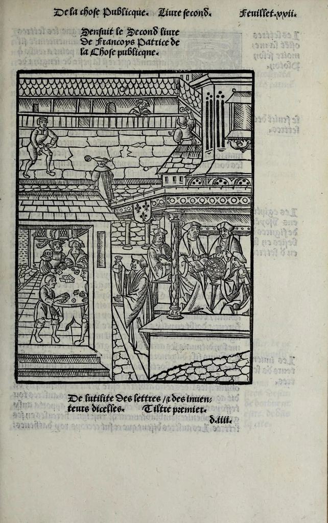 An illustration from Liure tres fructueux et vtille a toutes personnes de linstitution et administration de la chose publicque : traictãt des vtilitez, ars, et sentẽces necessaires en icelles et de leurs inuenteurs : aorne de plusieurs belles sciences et doctrines, tant de la saincte escripture, philozophie, humanite, poeterie, medecine et aultres singularitez, 1520, leaf 65