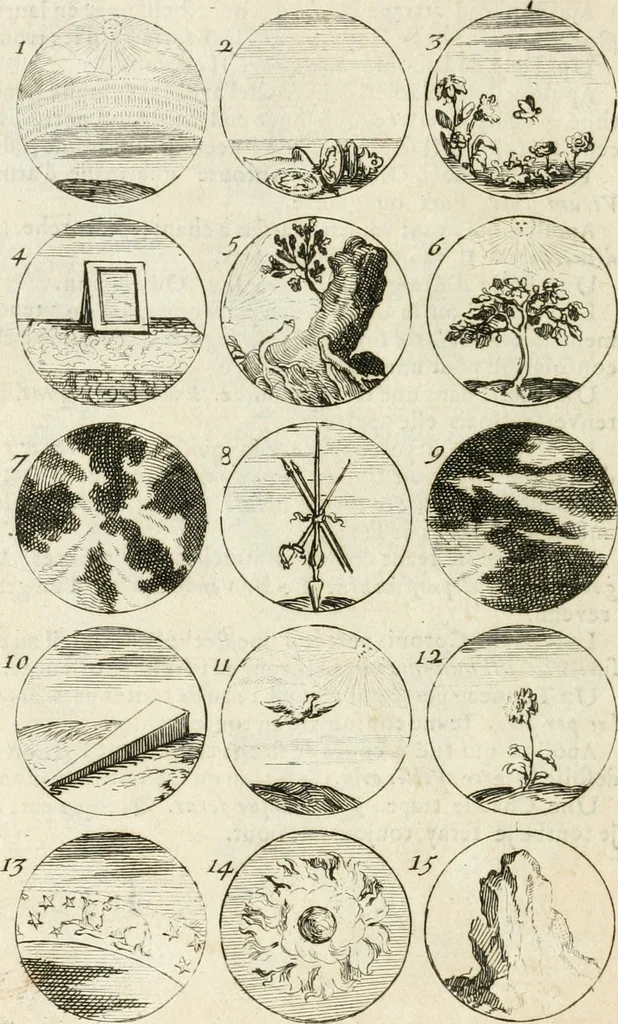 An illustration from Livre curieux et utile pour les sçavans et artistes : composé de trois alphabets de chiffres simples, doubles & triples, fleuronnez et au premier trait : accompagné d'un tres grand nombre de devises, emblêmes, médailles et autres figures hieroglyfiques : ensemble de plusieurs supports et cimiers pour les ornemens des armes : avec une table tres ample par le moyen de laquelle on trouvera facilement tous les noms imaginables, 1685, leaf 101